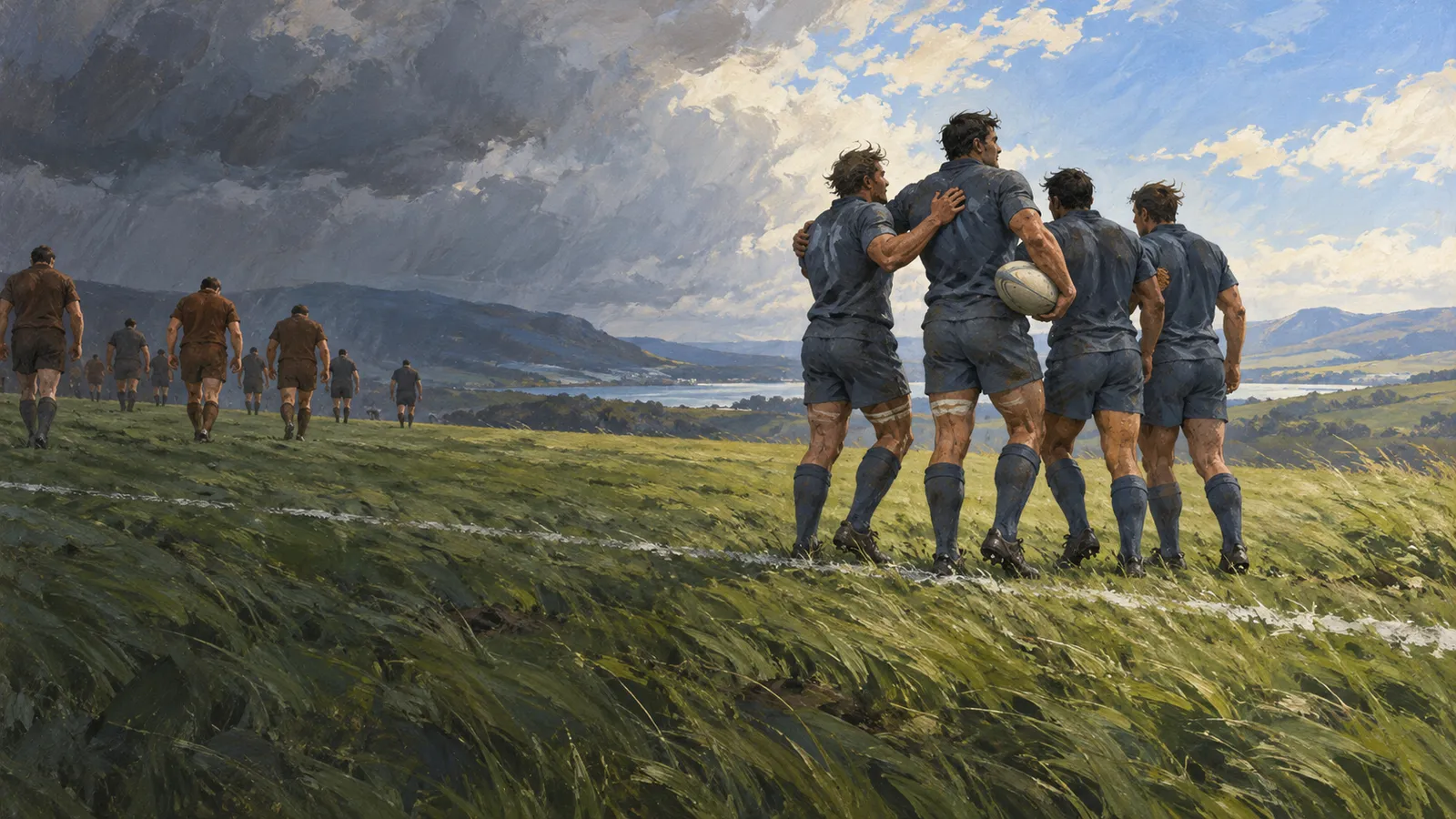 Painterly illustration of rugby players walking across a grassy field; four in blue stand together, one holding a ball, while others walk ahead beneath a cloudy sky. SI illustration