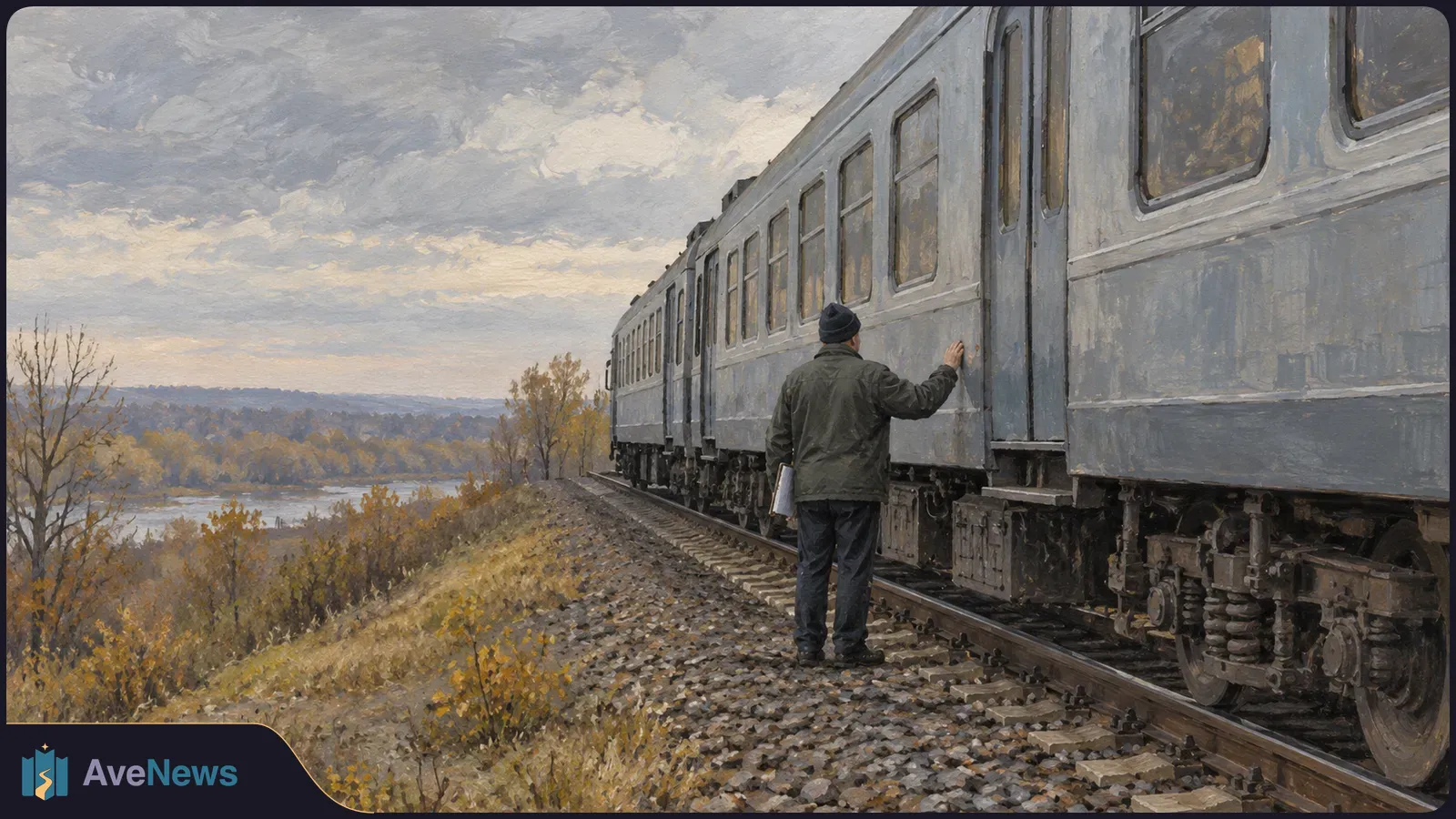 Painterly image of a man standing beside a gray passenger train on hillside tracks, with autumn trees, a river and cloudy sky in the background. SI illustration