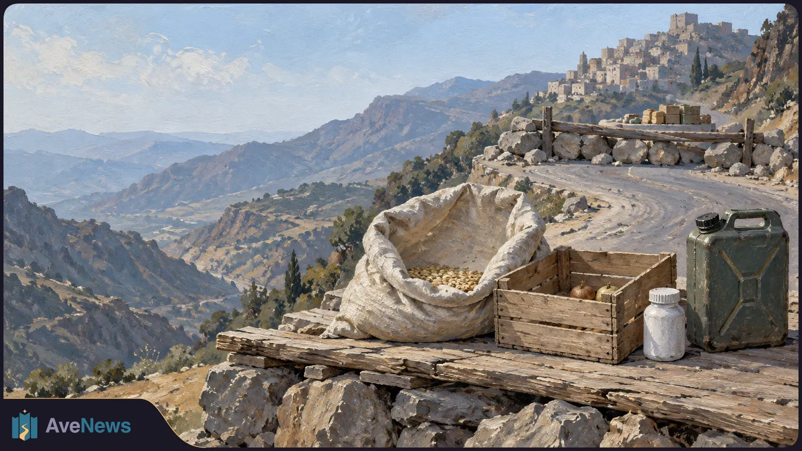 Painterly mountain scene with a sack of grain, a wooden crate, a bottle and a fuel can beside a winding road; a hilltop town appears in the distance. SI illustration