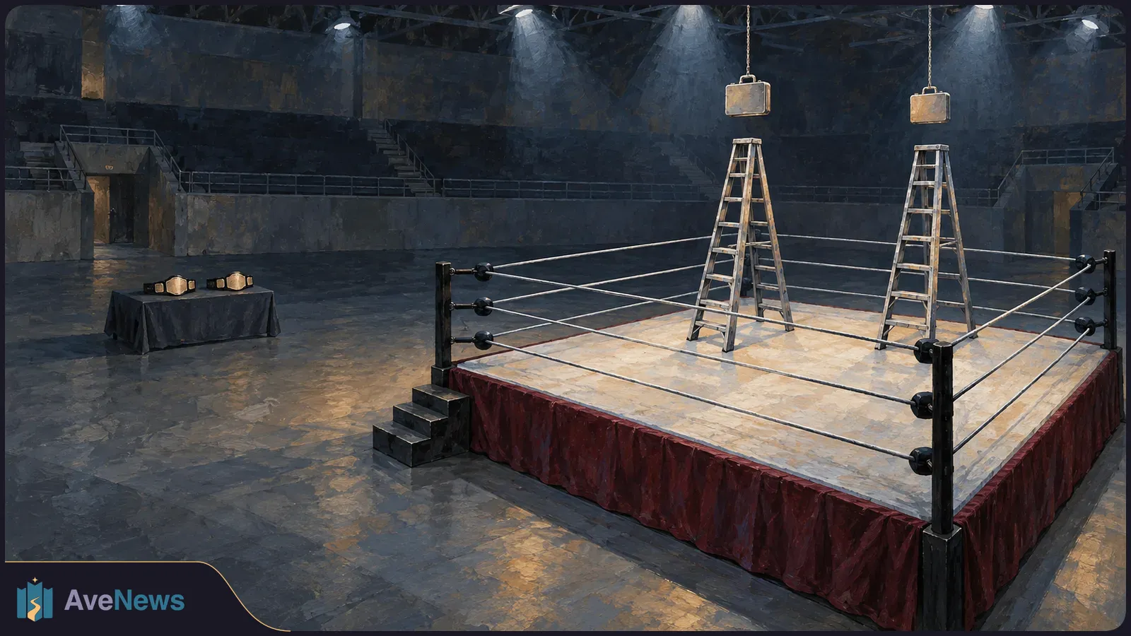Two ladders stand in an empty wrestling ring beneath hanging briefcases. Two championship-style belts rest on a table beside the ring in a dim arena. SI illustration