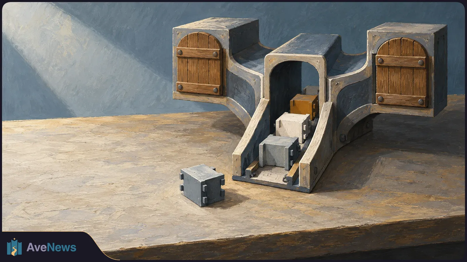 Painted illustration of a gray, three-part wooden structure with two closed doors and a central chute holding several blocks; one gray block sits on the table in front. SI illustration