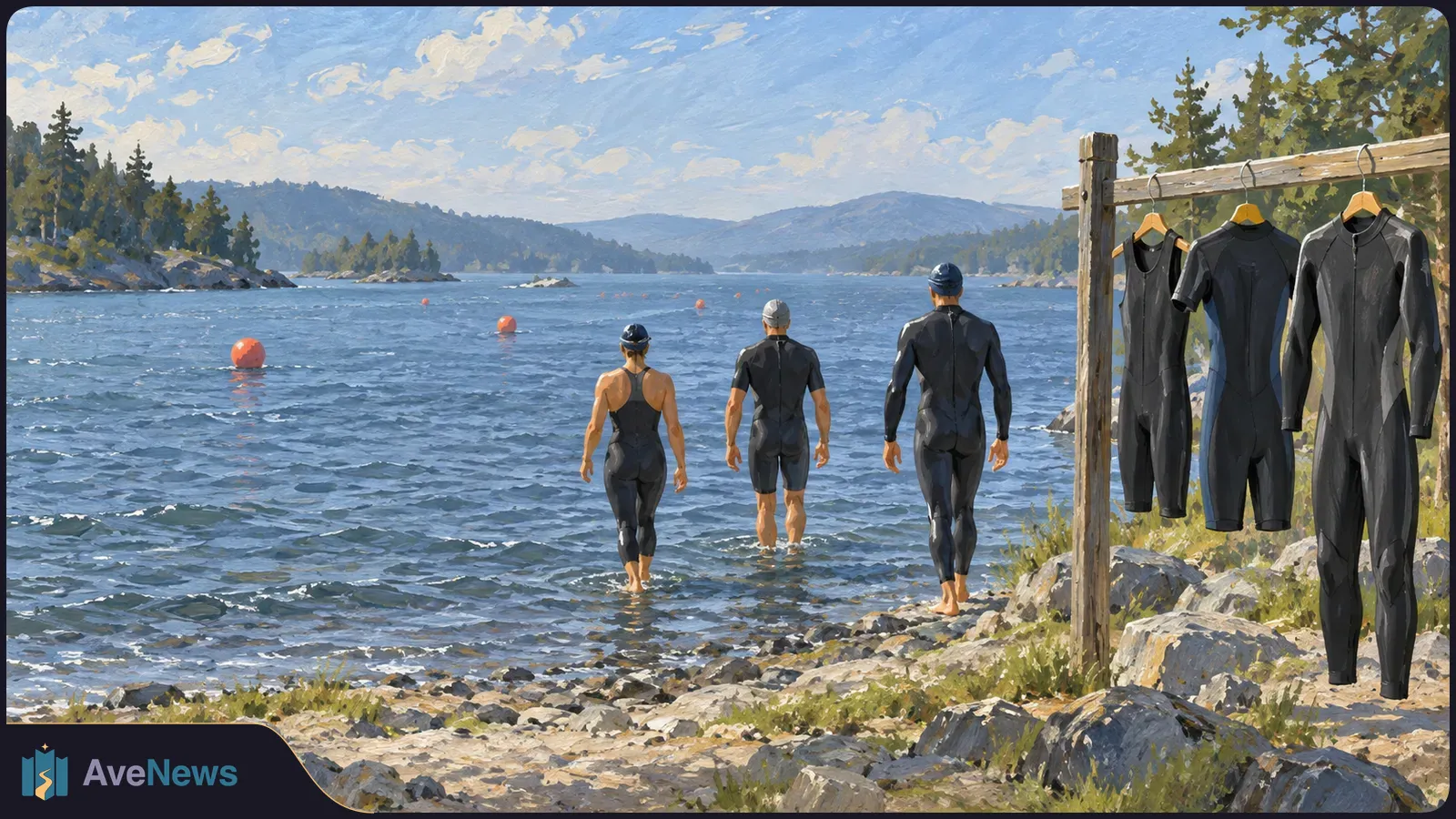 Painted lakeside scene with three swimmers in dark wetsuits approaching the water, orange buoys offshore, and three wetsuits hanging from a wooden rack. SI illustration