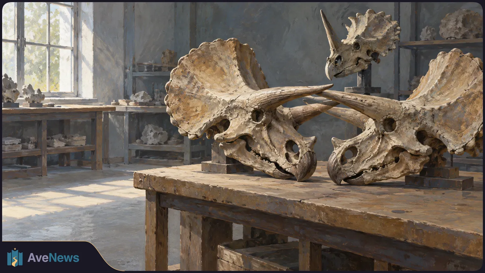 Two large horned dinosaur skull models face each other on a wooden table in a sunlit room; a third stands behind them. SI illustration