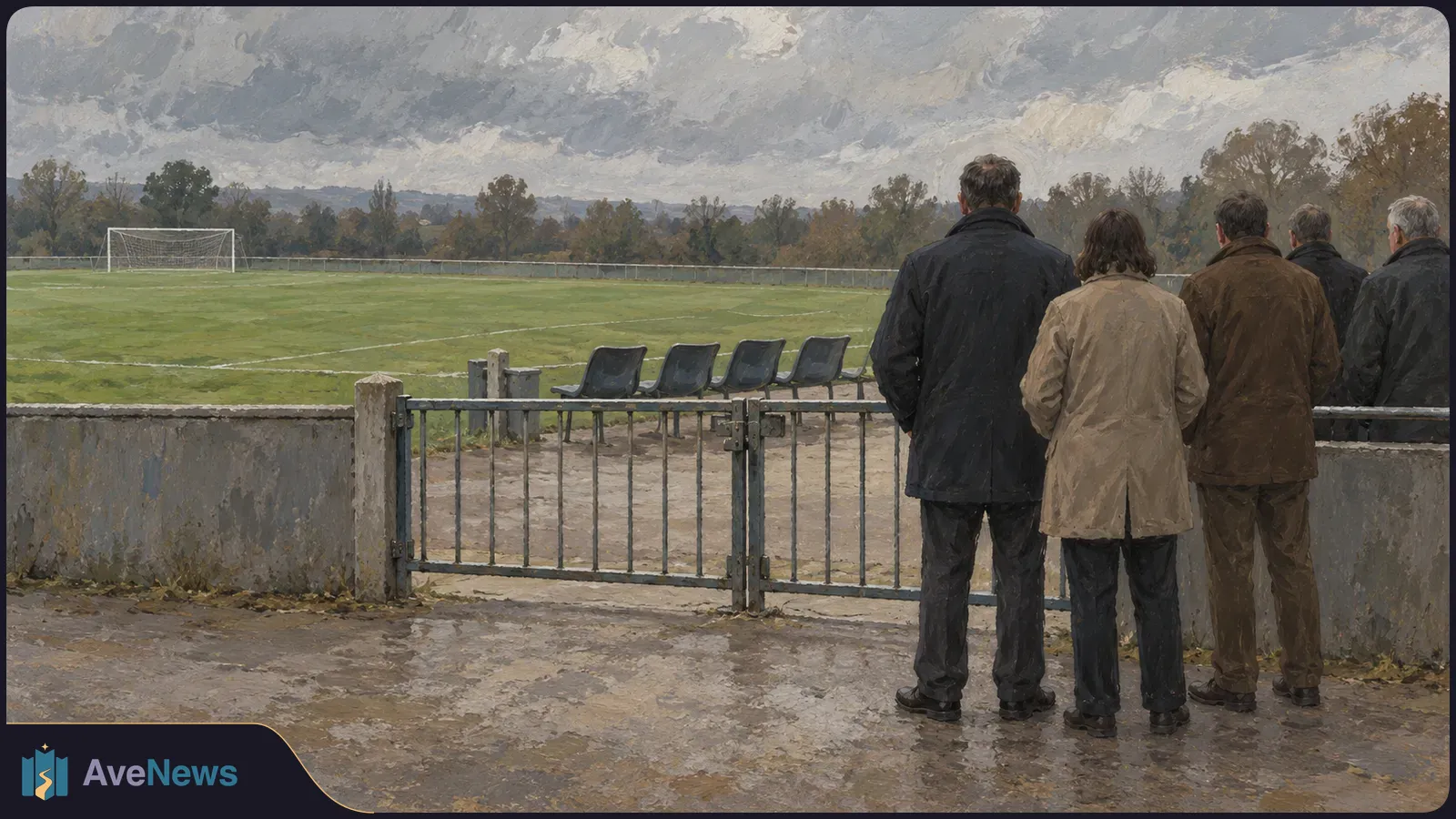 Five people seen from behind stand by a gate overlooking an empty football field, with a goal and vacant seats under a cloudy sky. SI illustration