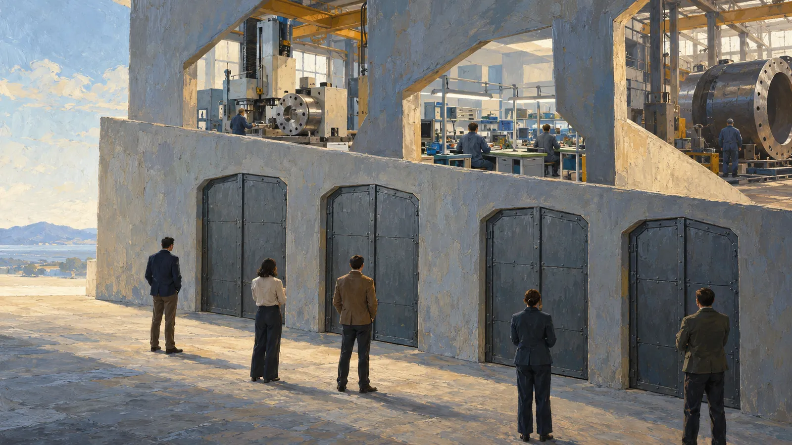 Five people stand facing closed metal doors below an open industrial workshop, where workers tend large machines. SI illustration