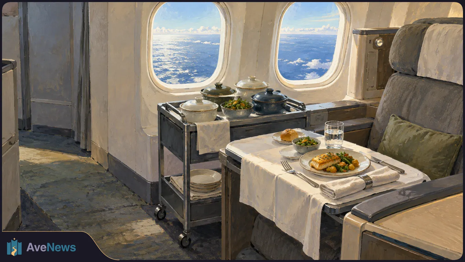 Painterly airplane cabin with a meal, bread, salad and water on a seat-side table. A service cart with covered dishes stands beneath two windows. SI illustration