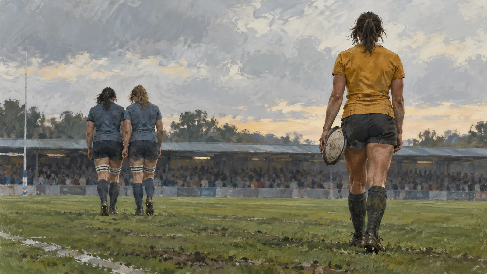 A painted scene of three rugby players walking across a muddy field, one in yellow carrying a ball and two in blue ahead, with spectators in the stands. SI illustration