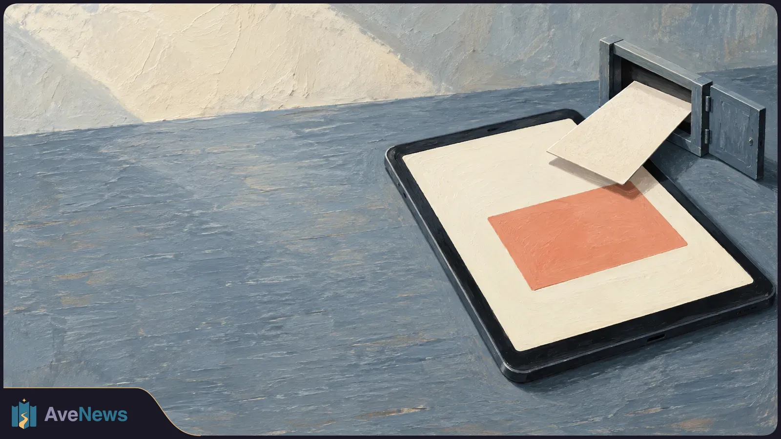 Painted scene of a black tablet on a blue-gray surface, its pale screen showing an orange rectangle as a blank sheet emerges from an open hatch beside it. SI illustration
