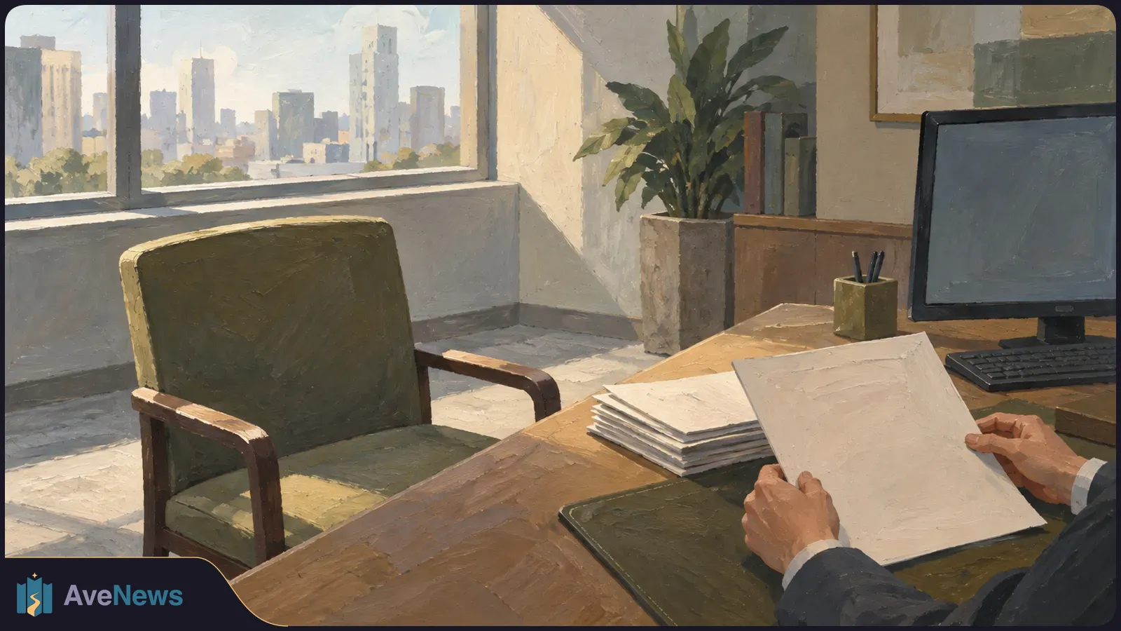 Painted office scene with hands holding a blank sheet at a desk, a stack of papers, a dark monitor, an empty chair and a city view through the window. SI illustration