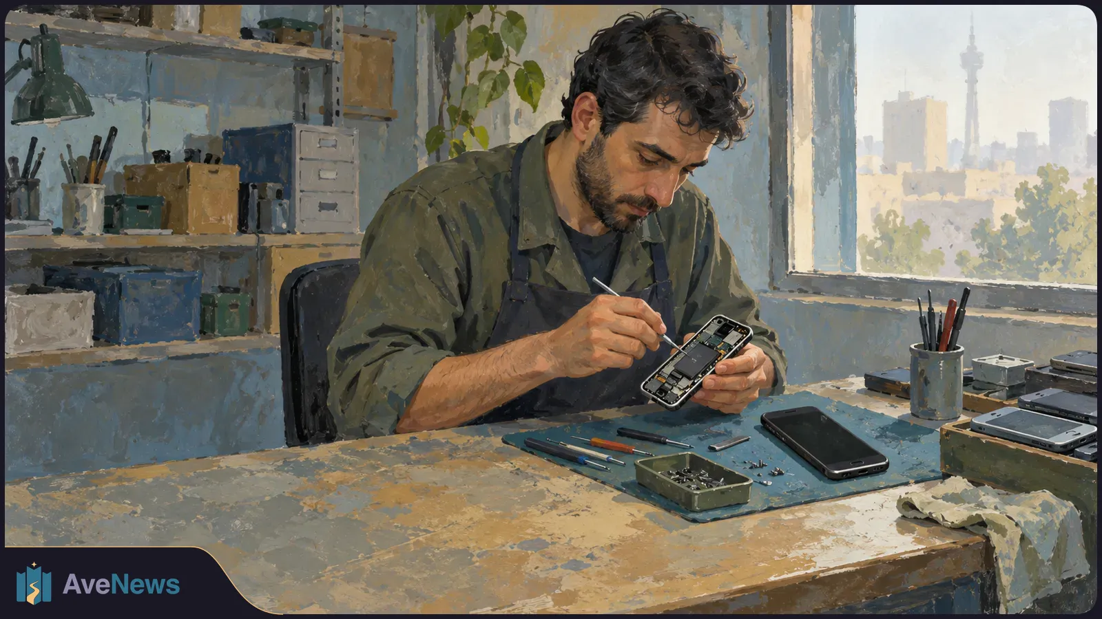 Illustration of a man using a small tool on an open phone at a workbench, with other phones, tools and screws nearby. SI illustration