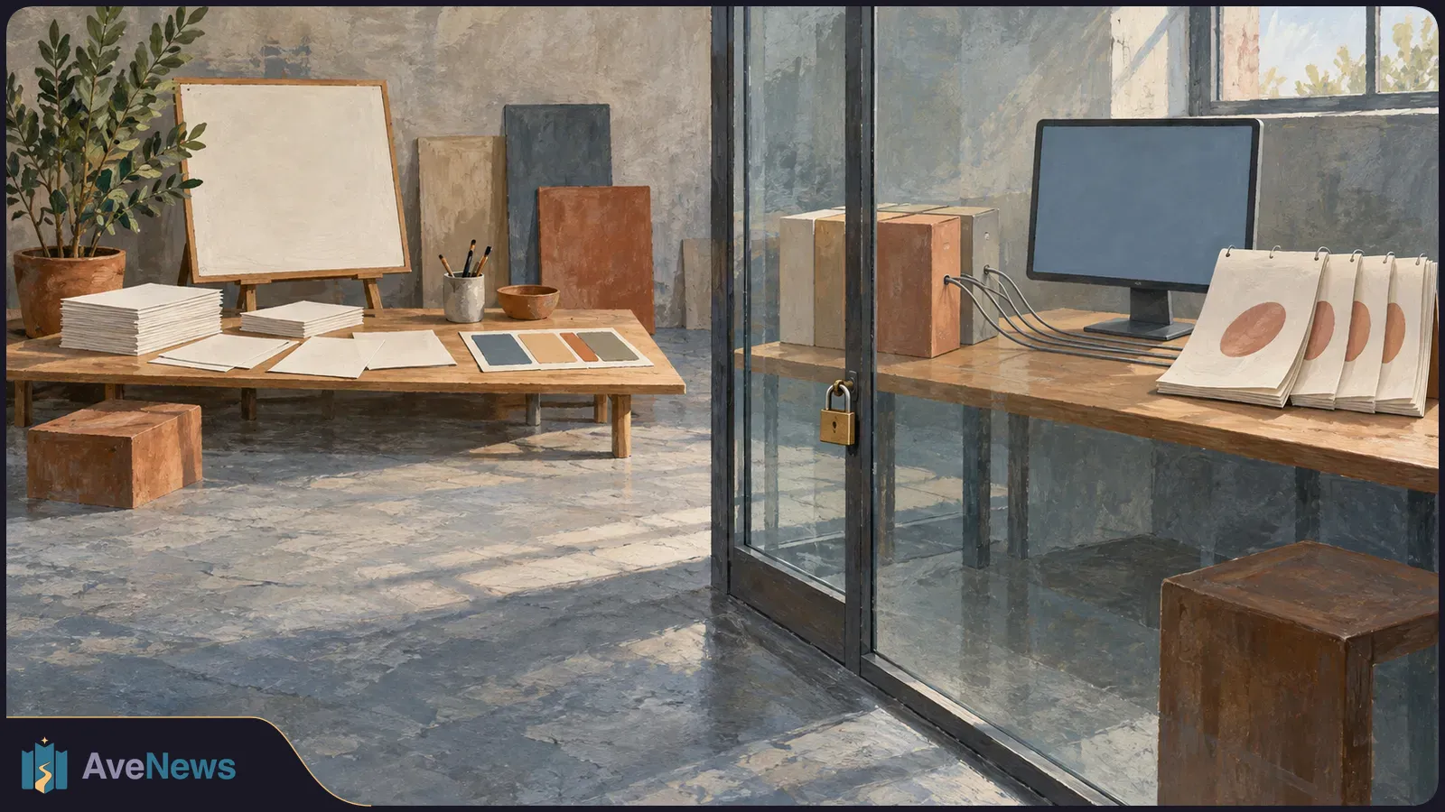 Painted studio scene with a padlocked glass partition. A blank monitor and ring-bound pages with repeated ovals sit inside; paper stacks, a blank easel and color swatches sit outside. SI illustration