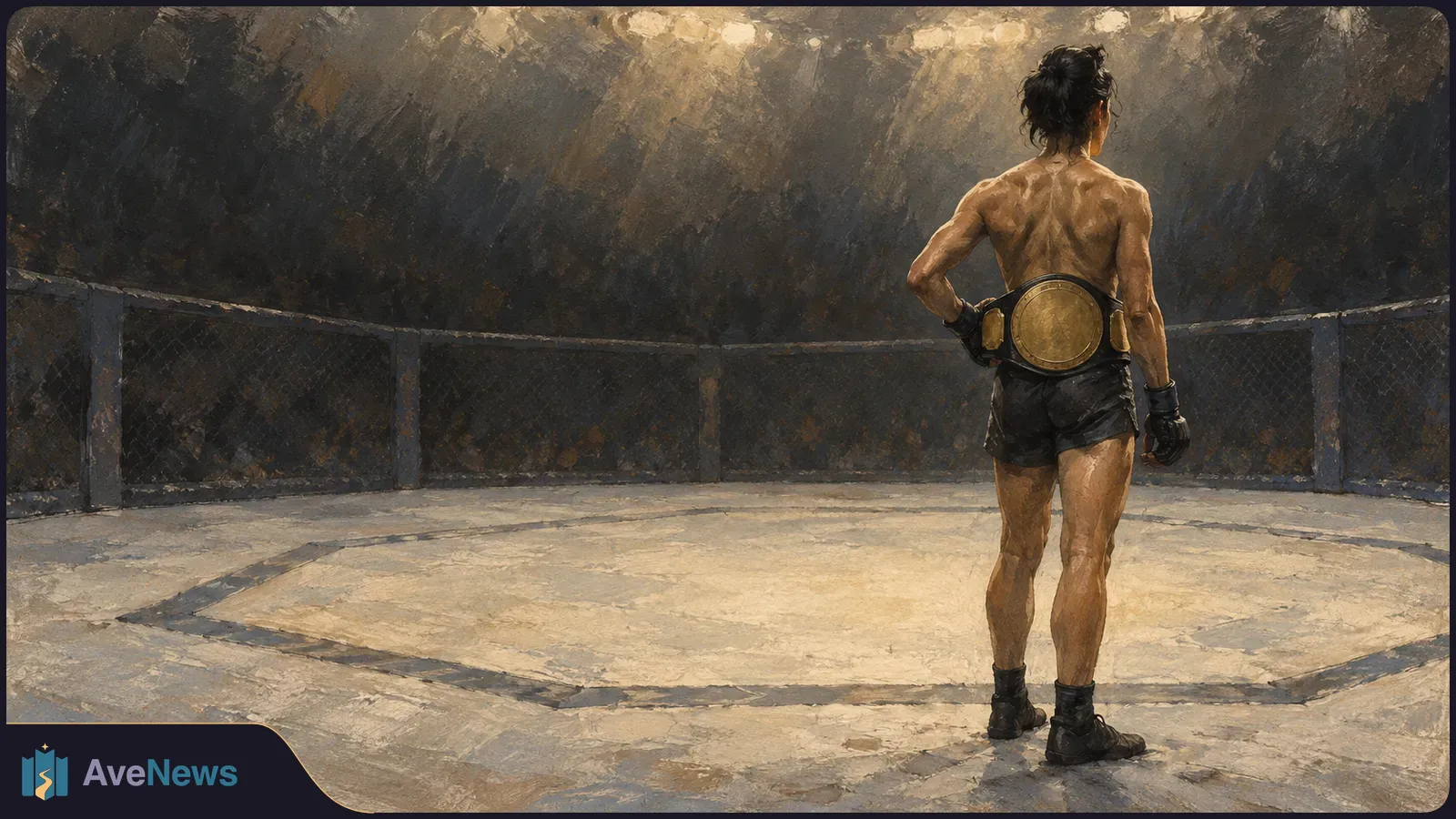Painterly illustration of a shirtless fighter seen from behind in a fenced arena, wearing gloves, black shorts and a gold championship belt. SI illustration