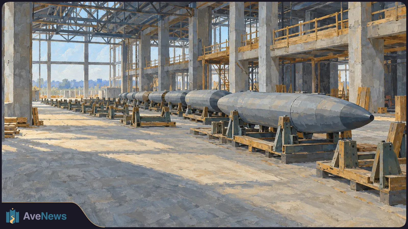 Painted scene of long, gray, pointed missile-shaped bodies resting on supports inside an unfinished industrial hall. SI illustration