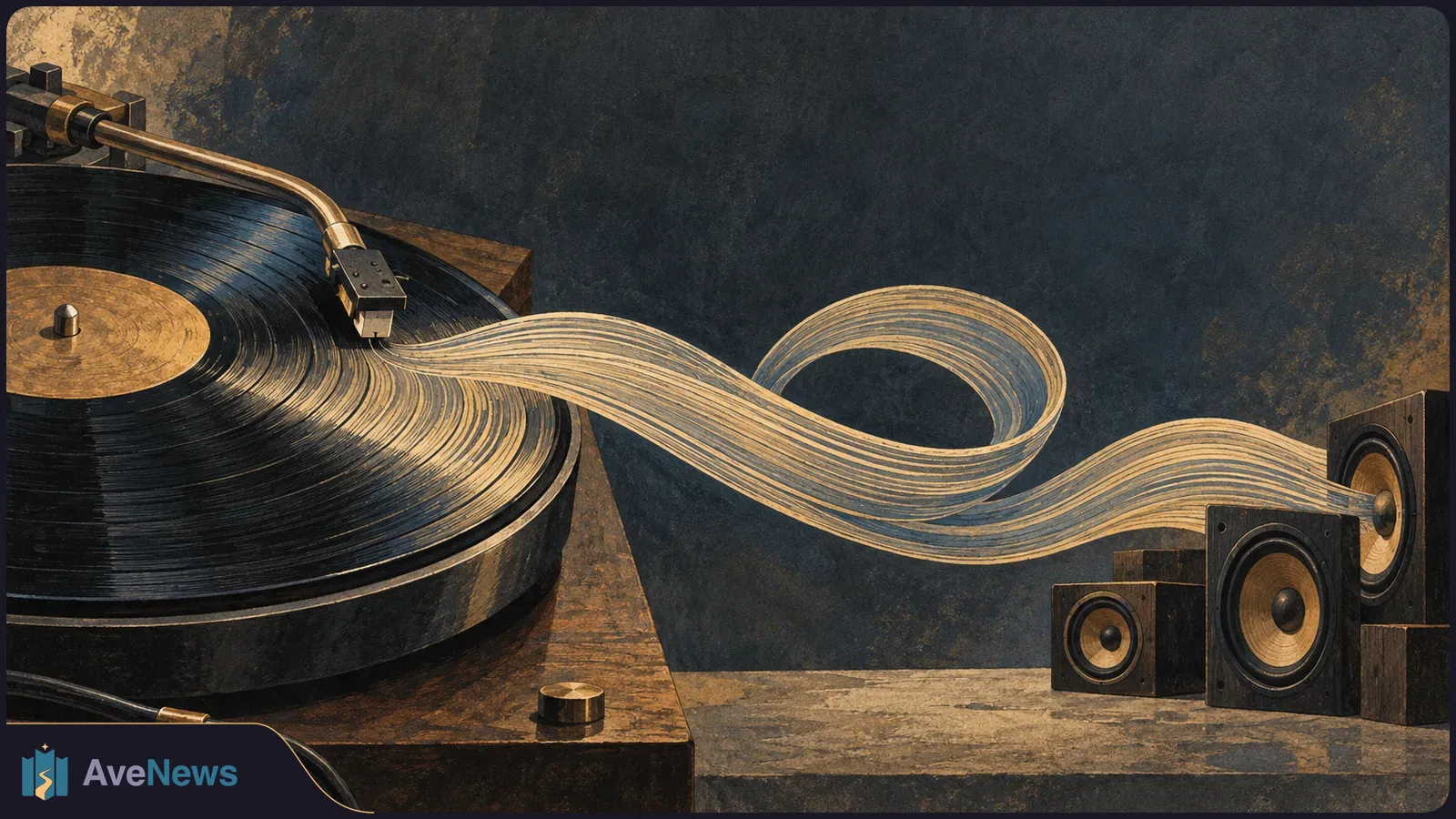 Illustrated turntable playing a vinyl record, with gold lines flowing from its grooves in a loop toward three speakers. SI illustration