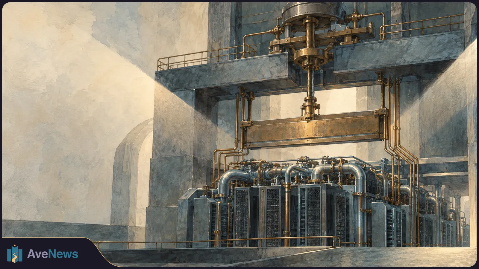 Illustration of a large metal press suspended above rows of server racks and pipes in a concrete industrial hall. SI illustration