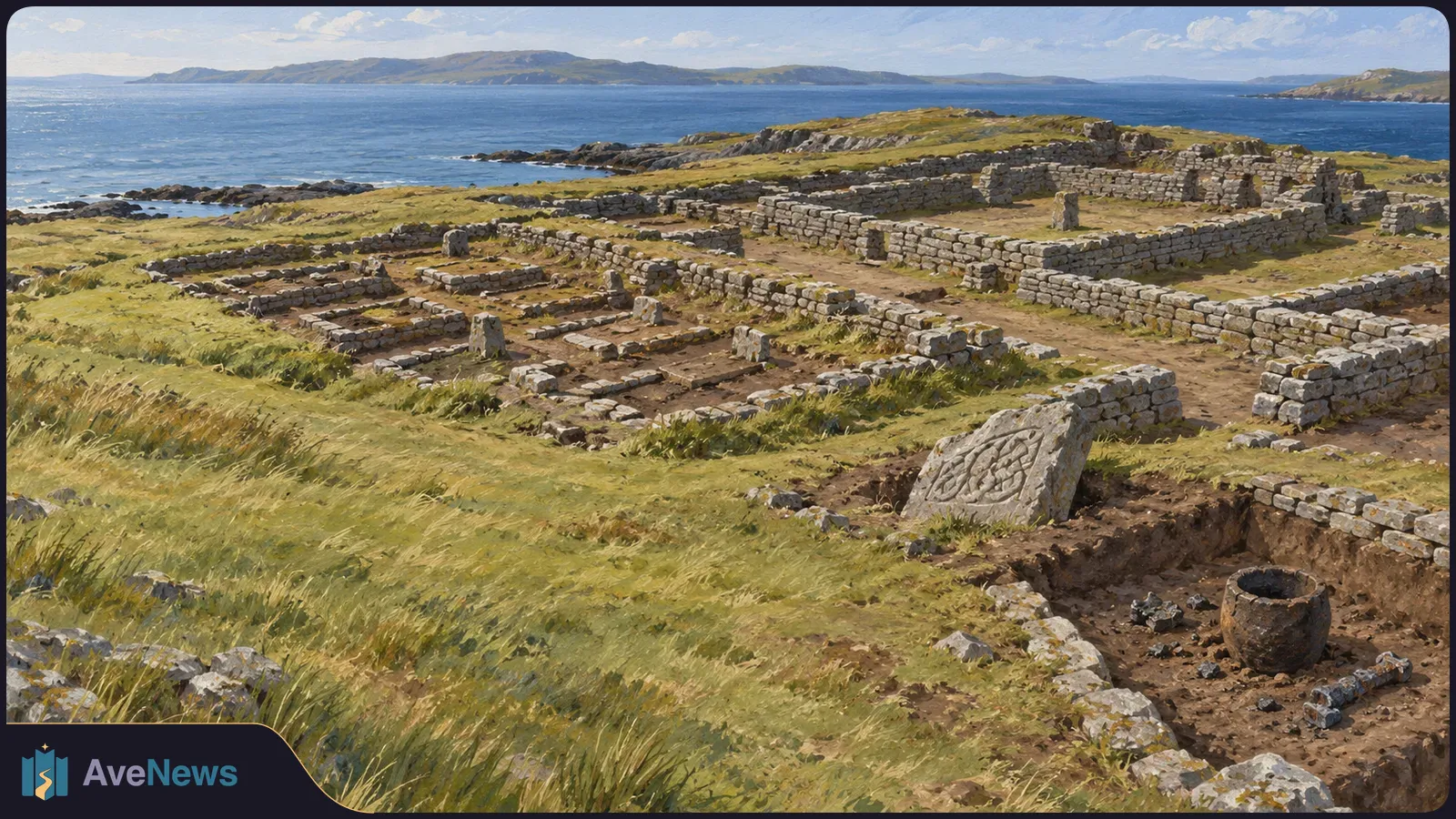 A painted coastal excavation with low stone walls, a carved slab and a clay vessel in the foreground; the sea and distant land lie beyond. SI illustration