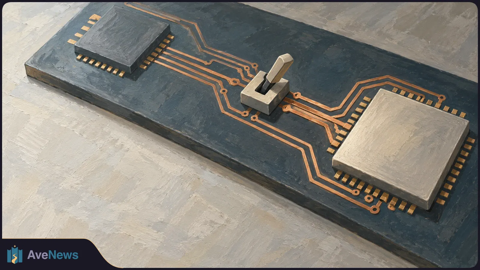 Painted illustration of two chips connected by copper traces on a dark circuit board, with a small upright switch between them. SI illustration