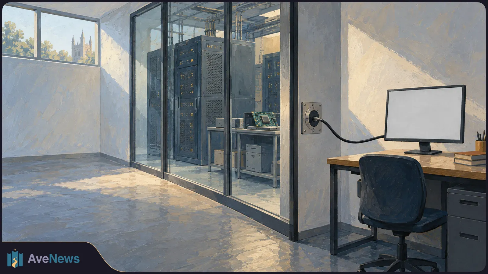 Painted office beside a glass-walled server room with equipment racks, a circuit board on a worktable, and a blank monitor on a desk. SI illustration