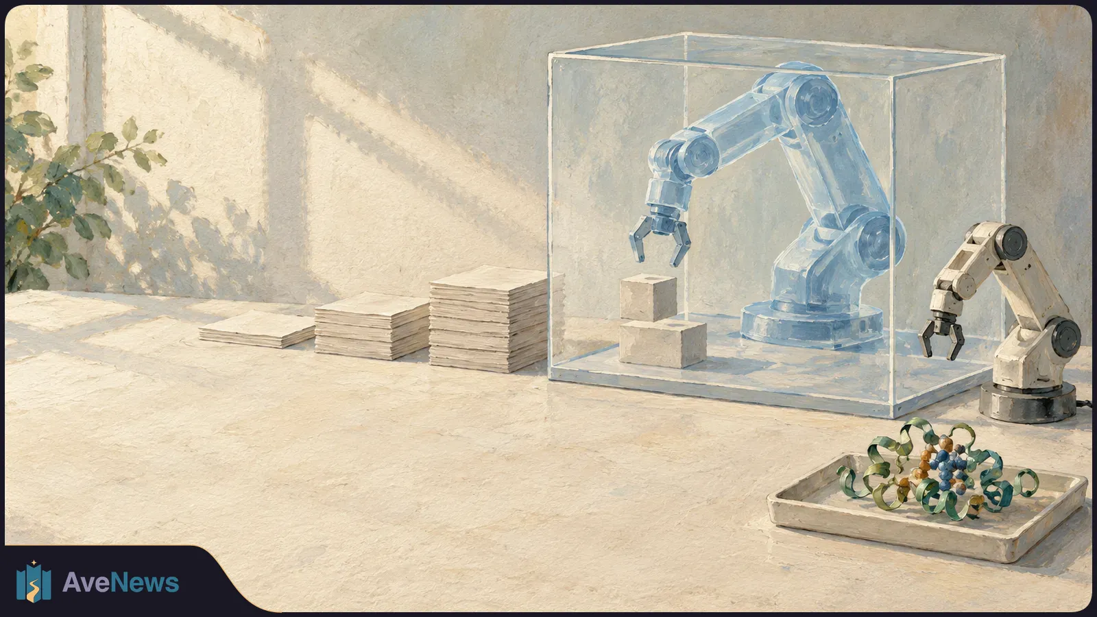Painterly illustration of a blue robotic arm inside a transparent enclosure, a smaller arm beside it, stacked papers, blocks and a colorful molecular model on a tray. SI illustration