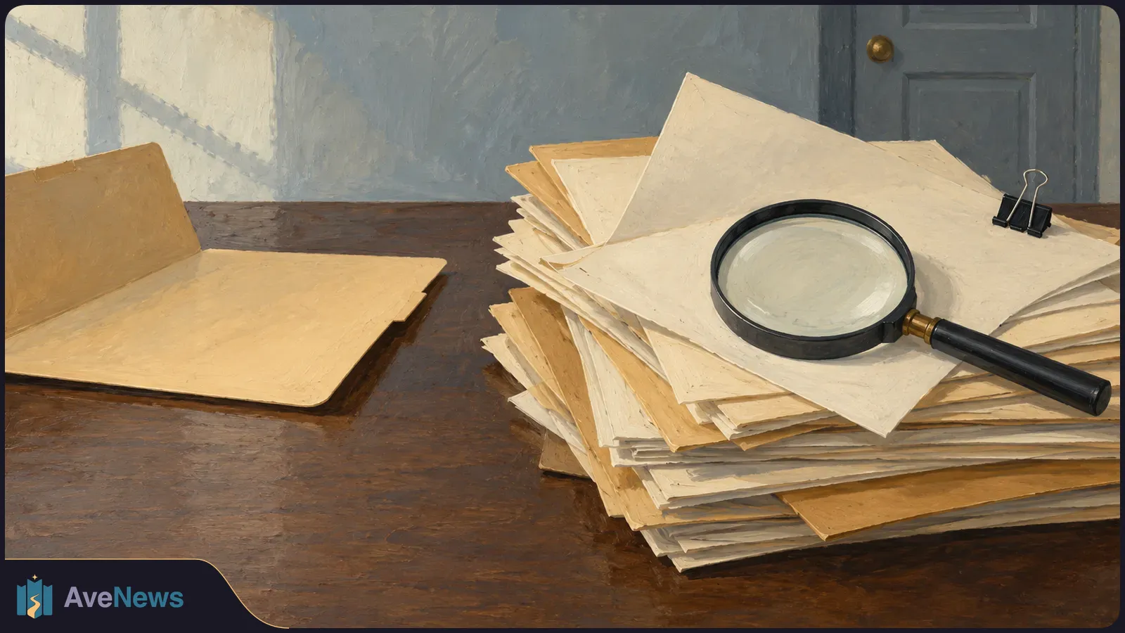 Illustration of an open folder beside a stack of papers with a magnifying glass and binder clip on a wooden desk. SI illustration