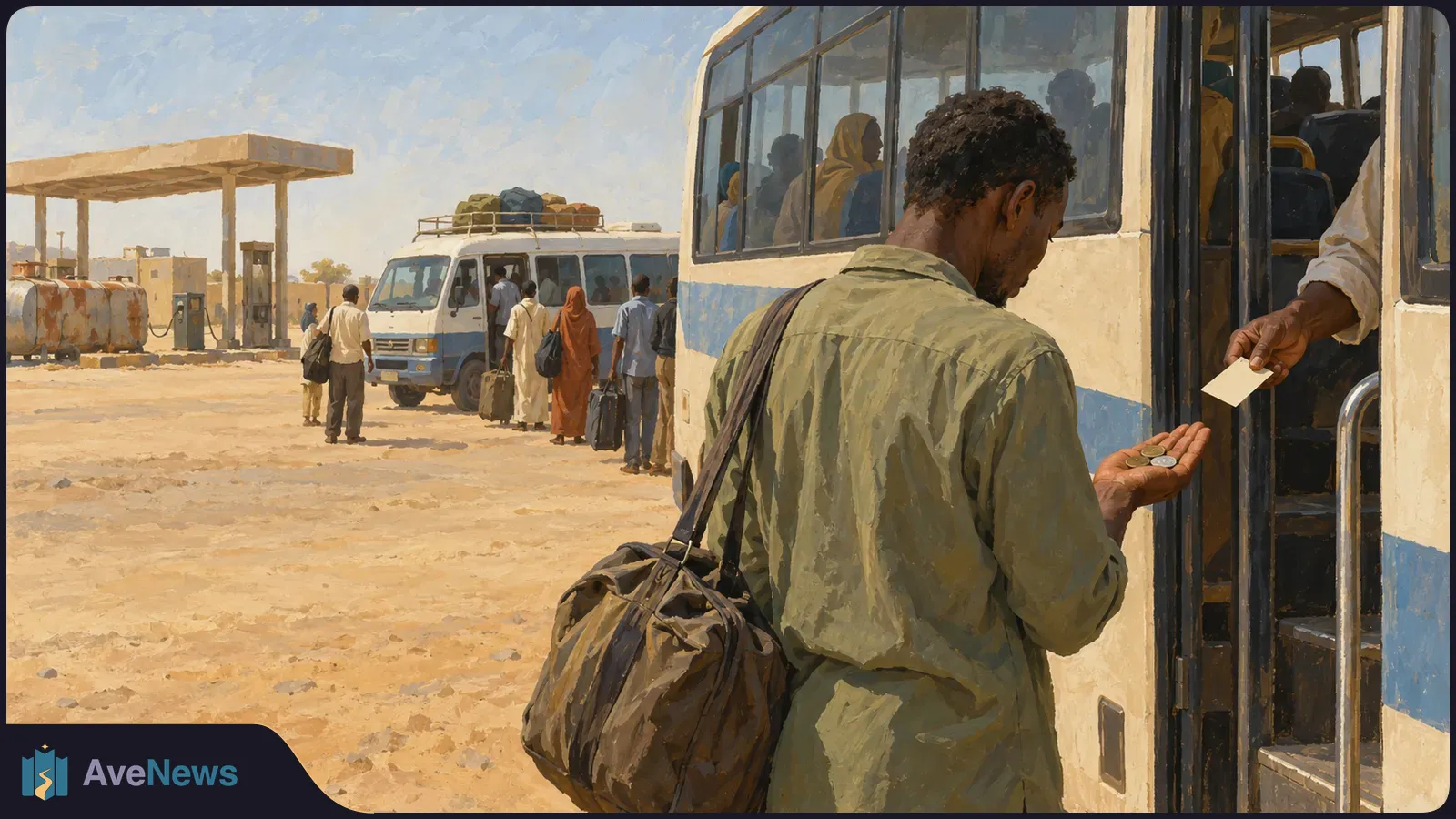 Painted scene of a man with a duffel bag holding coins beside a bus door as someone hands him a ticket; another bus, passengers and fuel pumps are in the background. SI illustration
