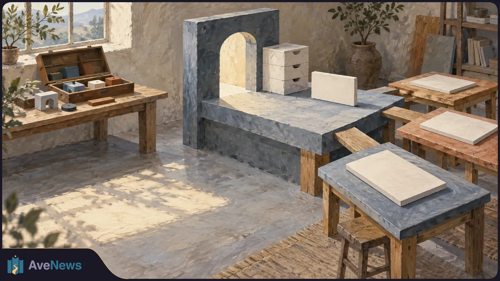 Painted workshop with an open box of blocks, a large gray platform holding an arch and small drawers, and pale slabs on surrounding wooden tables. SI illustration