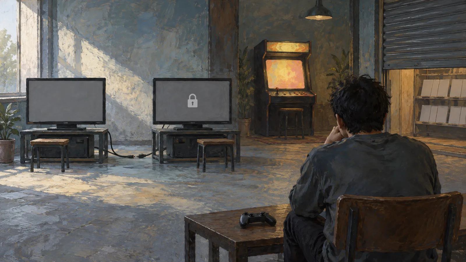 A seated person faces two monitors, one displaying a padlock, in a game room with an arcade cabinet and a controller on a table. SI illustration