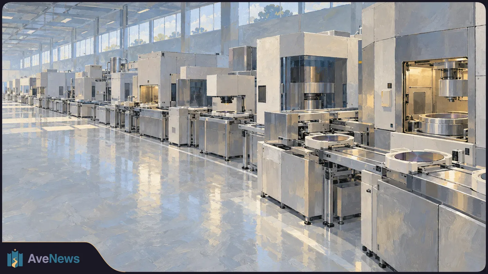 Illustration of a bright, spacious cleanroom with rows of automated machines and circular wafers on conveyor tracks. SI illustration