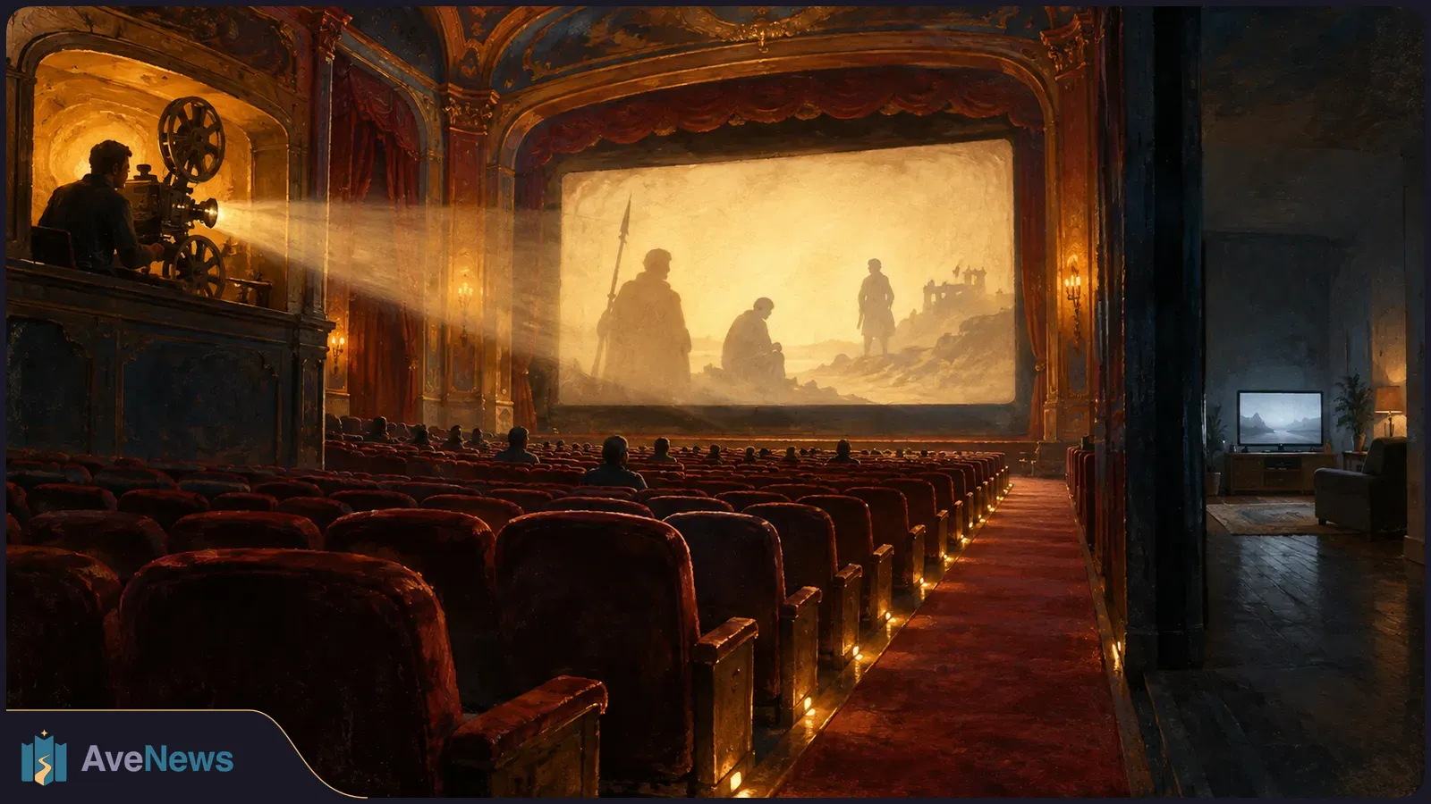 An old film projector lights a screen showing three figures in an ornate cinema with rows of red seats; a small TV sits in a room beside it. SI illustration