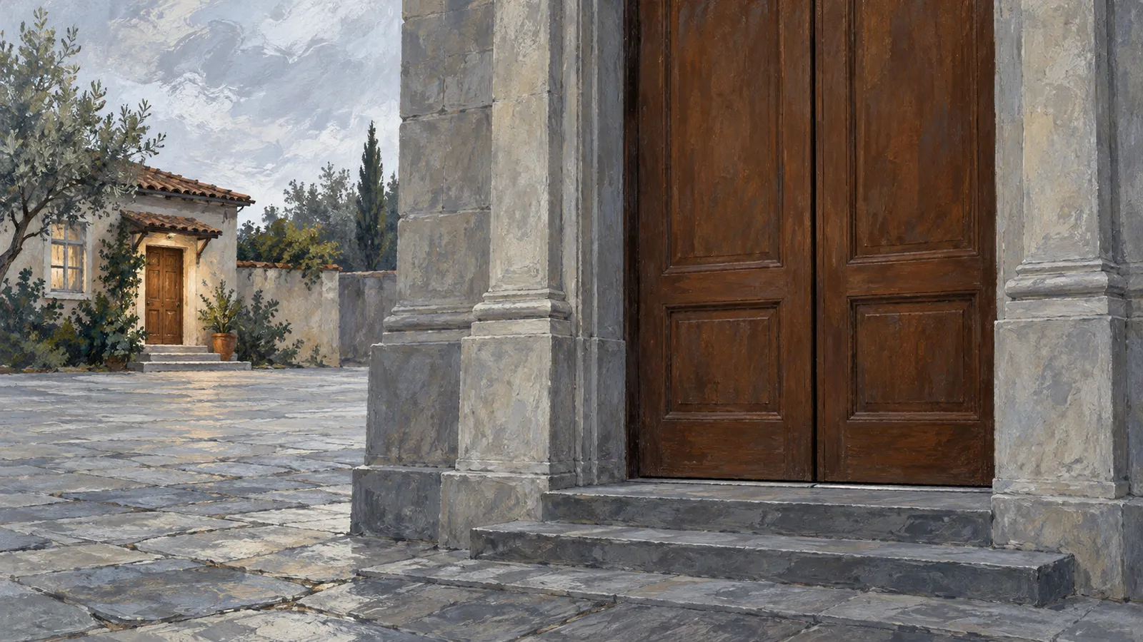 A painting of a stone courtyard with large closed wooden doors in the foreground and a small house among trees in the background. SI illustration