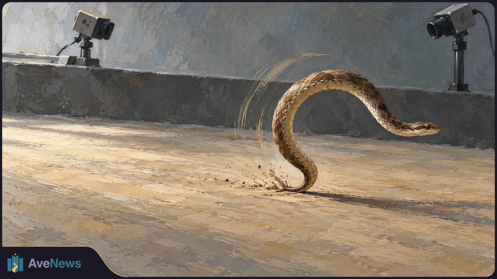 Painted illustration of a brown snake arching into a loop on a pale track, with two cameras mounted along the wall behind it. SI illustration