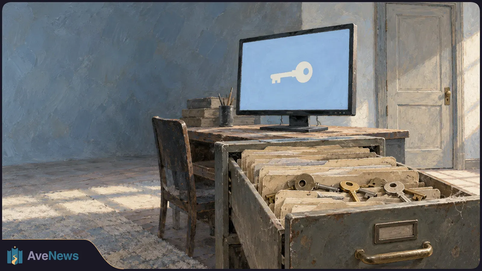 A painted room with a desk monitor showing a white key on blue. An open file drawer holds old folders and metal keys. SI illustration