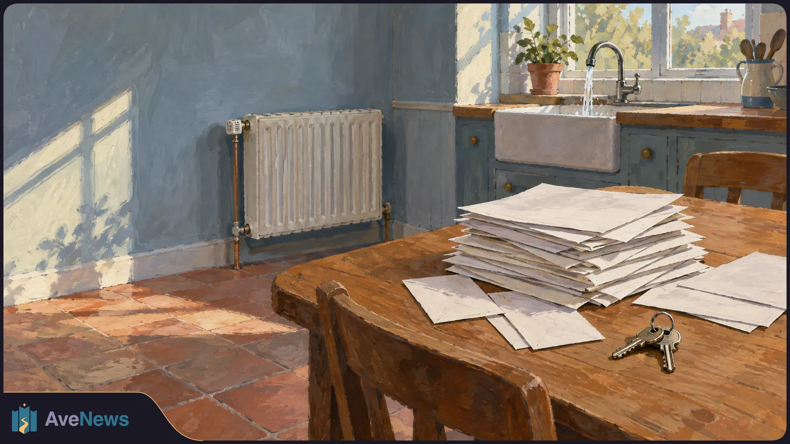 Painted kitchen scene with a stack of blank papers and two keys on a wooden table, a radiator on the wall, and water running into a sink. SI illustration