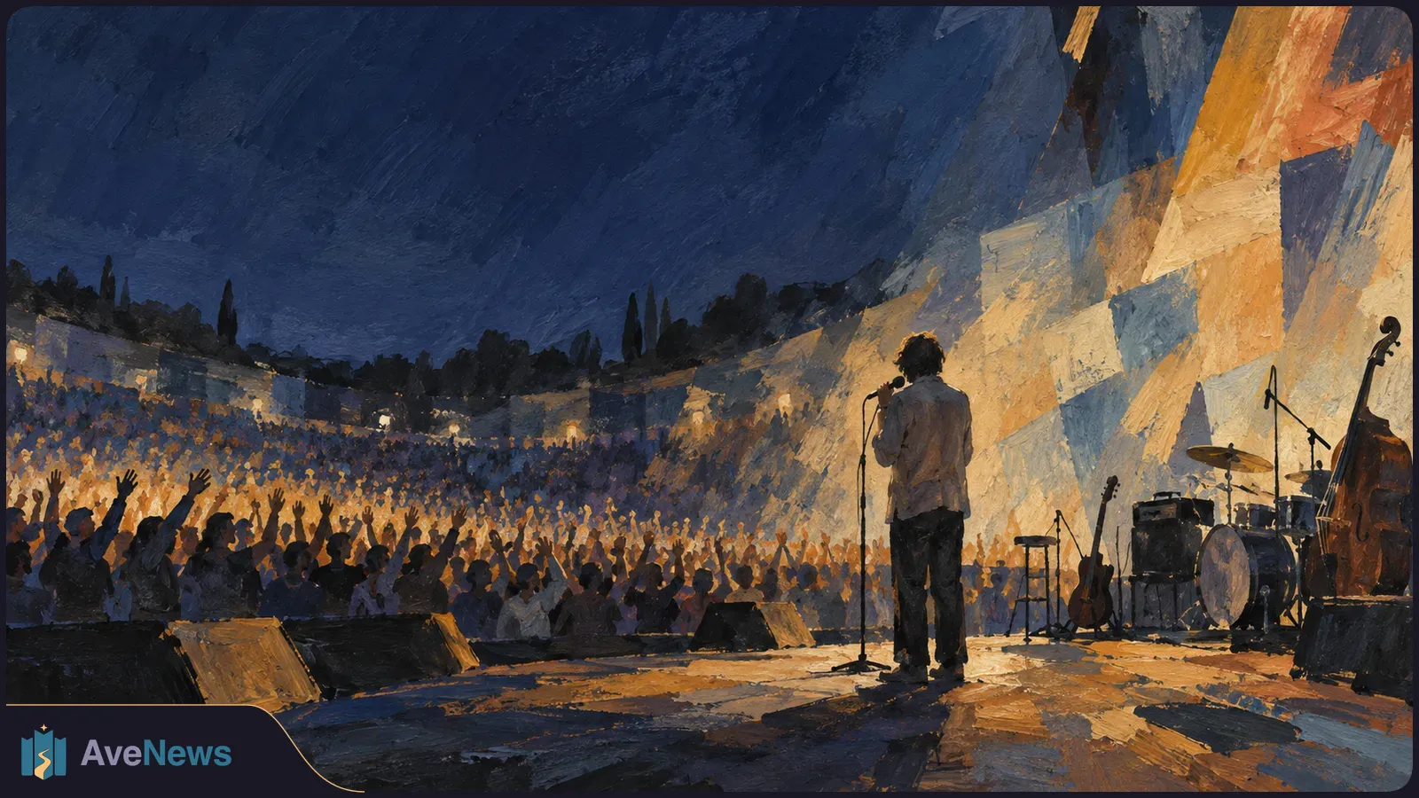 Painterly illustration of a performer at a microphone on an outdoor stage, seen from behind, facing a crowd with raised hands. Drums, guitars and an upright bass stand nearby. SI illustration