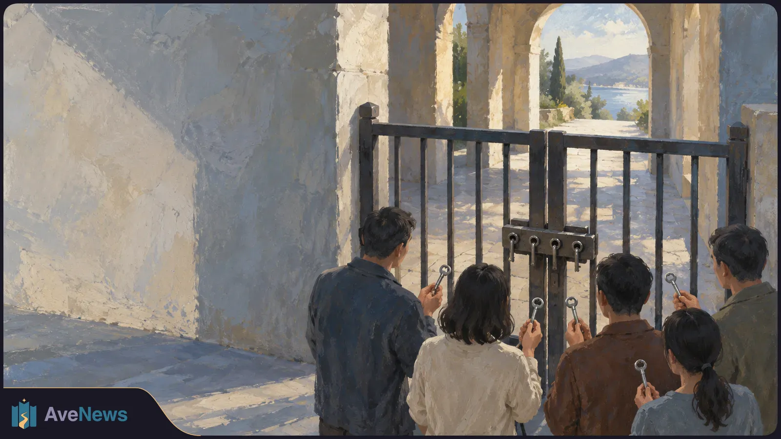 Painting of five people holding keys before a closed metal gate beneath stone arches, with water and mountains visible beyond. SI illustration