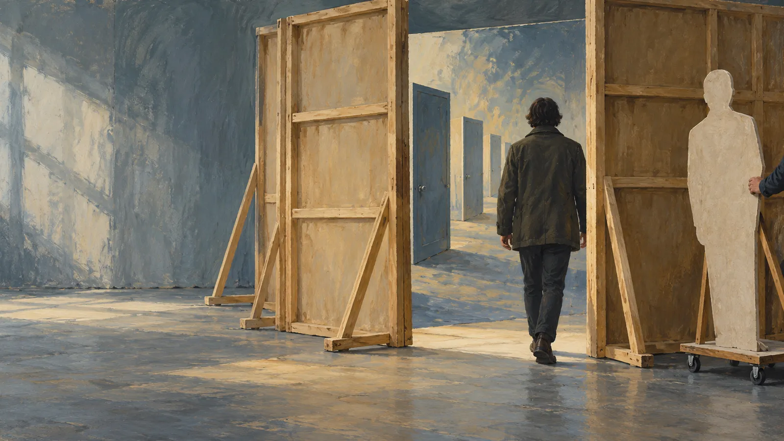 A dark-haired person walks between wooden set panels toward a row of blue doors; a pale human-shaped cutout stands on a wheeled platform at right. SI illustration