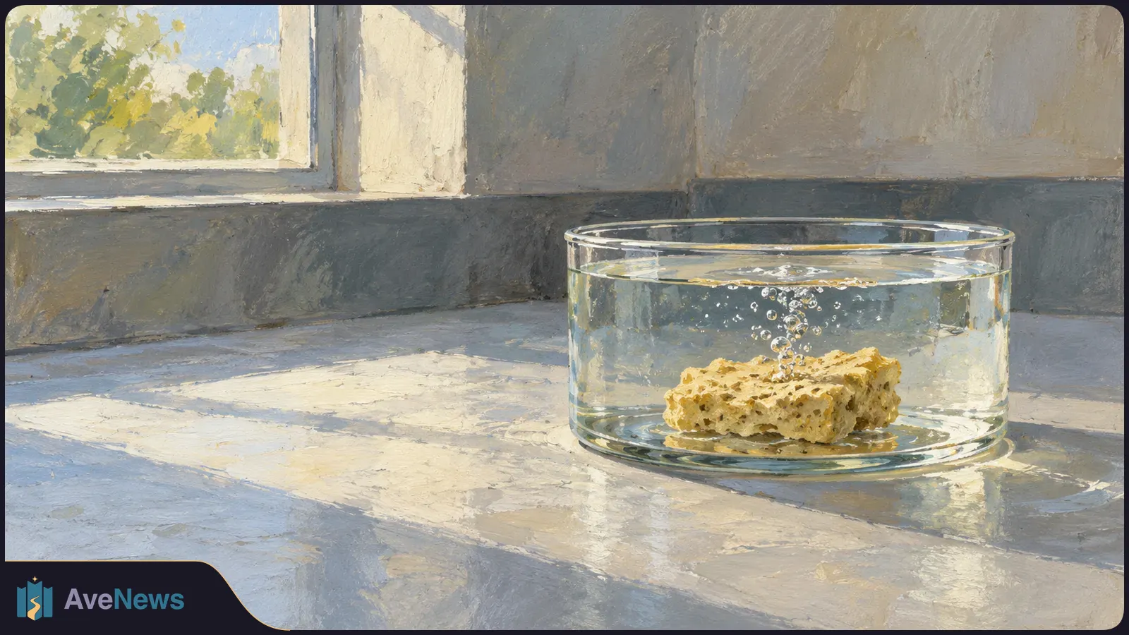 A painted scene of sunlight falling on a glass bowl of water, with bubbles rising from a porous yellow block at the bottom. SI illustration