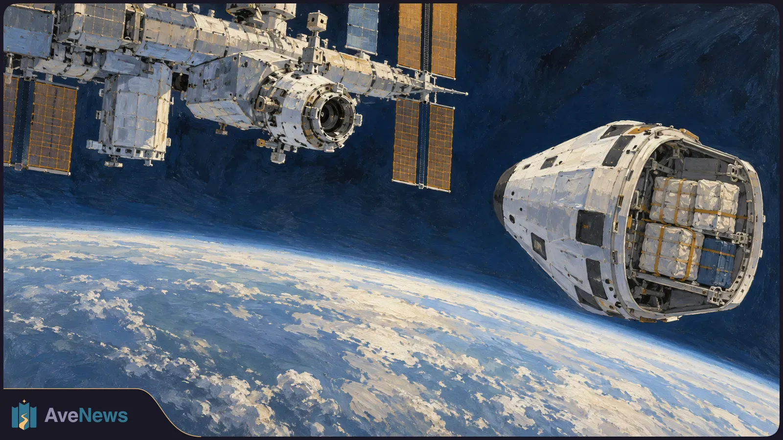 Painted view of a cargo-filled spacecraft approaching a space station above Earth's curved horizon. SI illustration