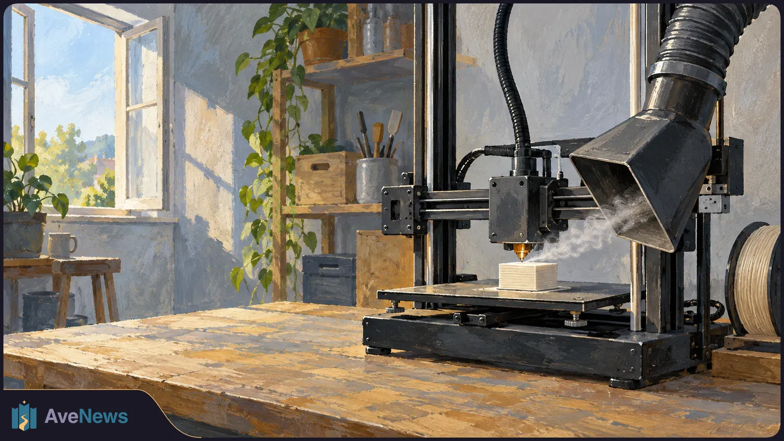 Painterly scene of a 3D printer making a small white object on a wooden table. Wisps rise near the nozzle and an extraction hood; a window stands open behind it. SI illustration