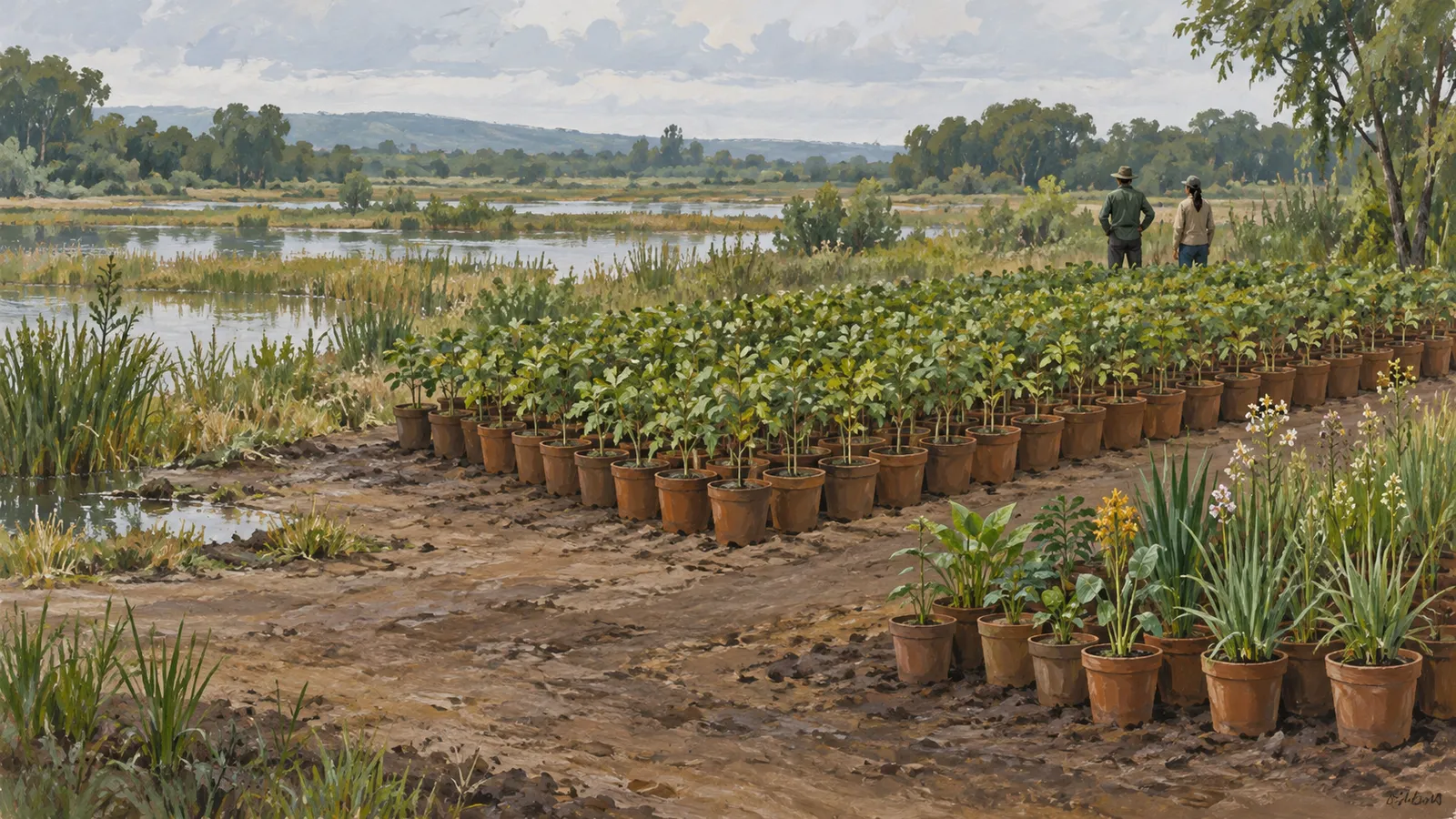 Rows of potted seedlings and flowering plants stand beside a wetland, with two people looking out over the water. SI illustration