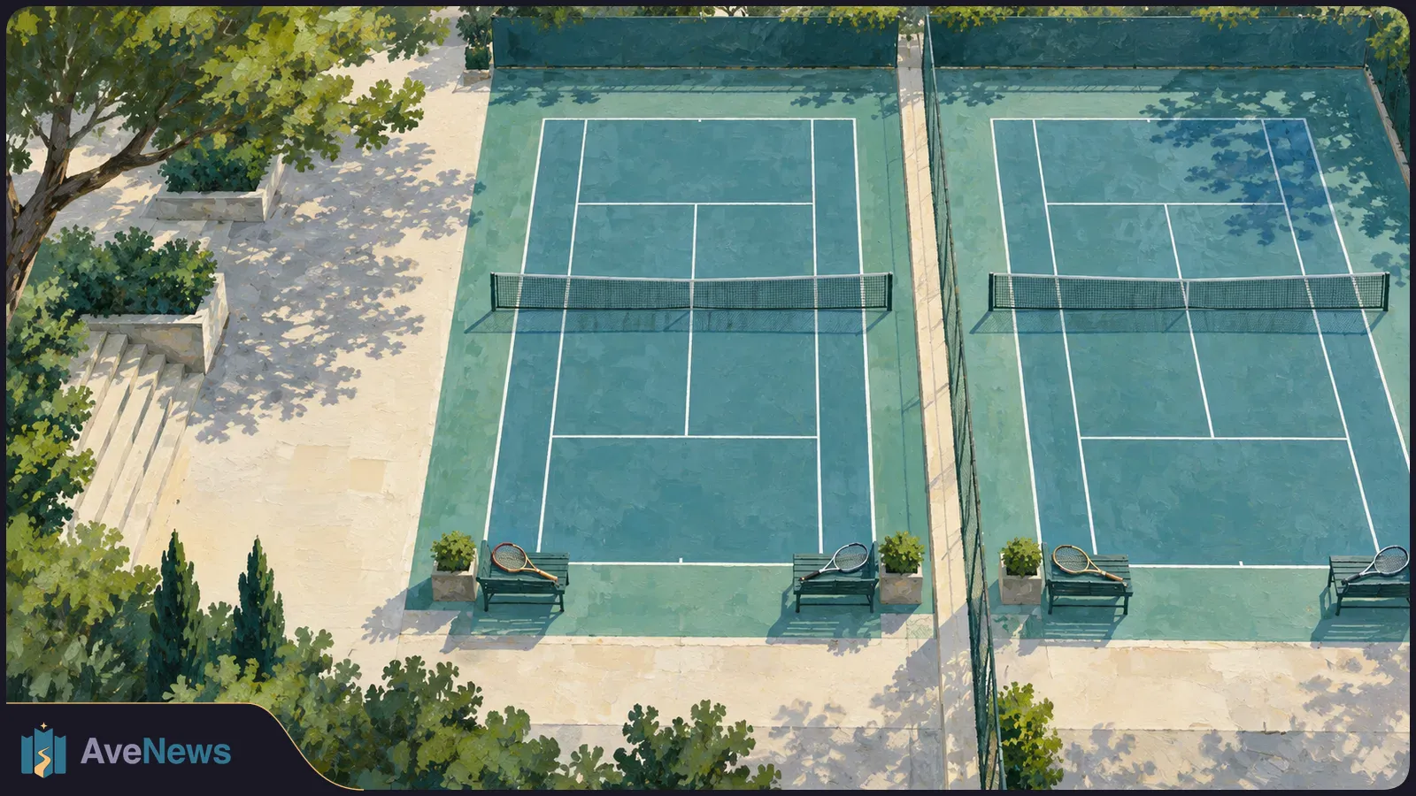 Painterly overhead view of two empty blue-green tennis courts side by side, with nets, four rackets on courtside benches, and trees casting shadows. SI illustration