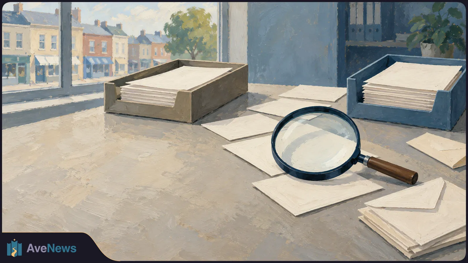 Painted office desk with stacks of blank papers in trays, loose sheets and a magnifying glass. Buildings and a tree are visible through the window. SI illustration
