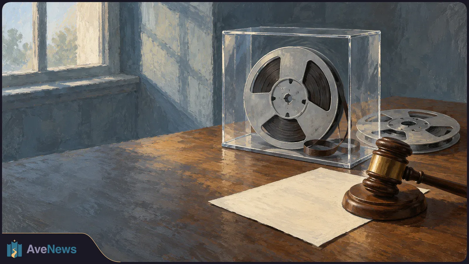 Illustration of a tape reel in a clear case, another reel, and a wooden gavel resting on blank paper atop a sunlit desk. SI illustration