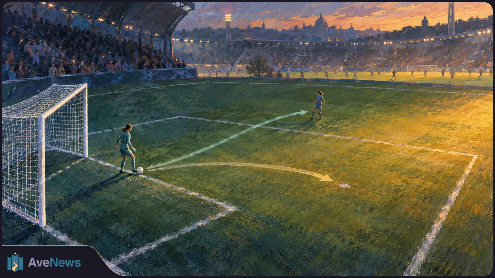 Painted football stadium at sunset. A goalkeeper stands beside the goal with a ball at her feet; two translucent arrows point across the pitch toward other players. SI illustration