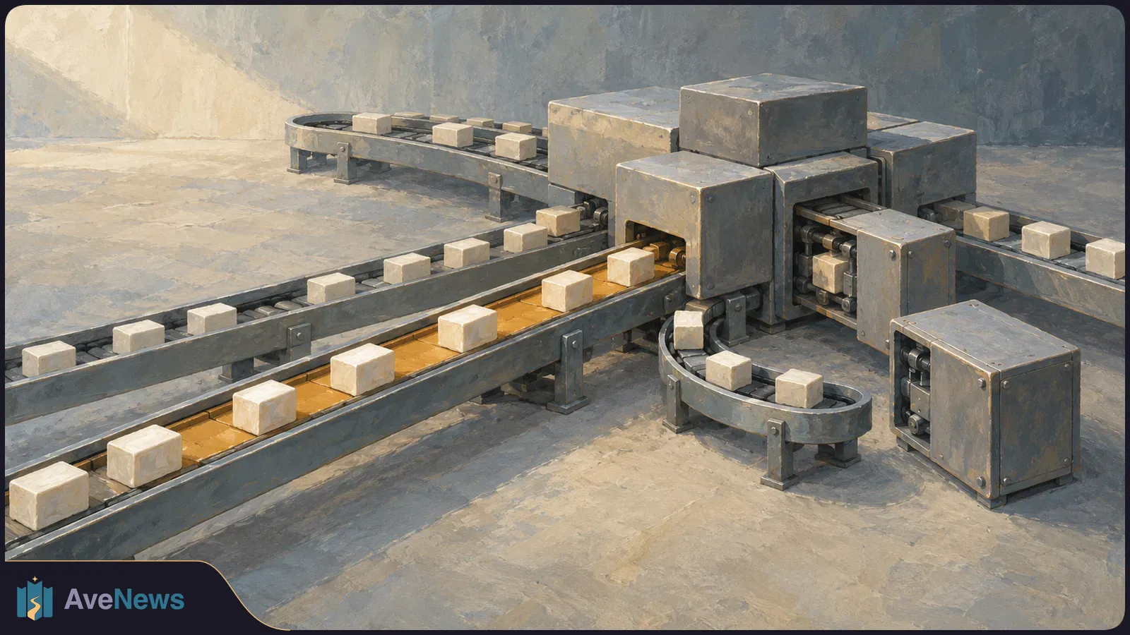 Illustration of gray conveyor belts carrying small white blocks through a large industrial machine in a bare room. SI illustration