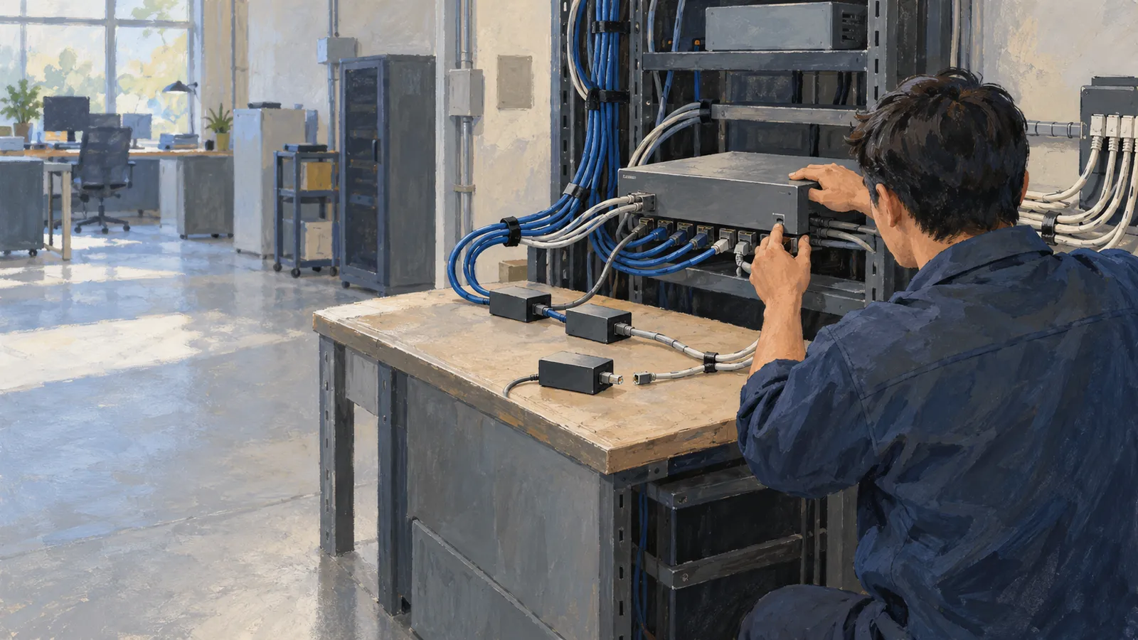 Illustration of a person working on rack-mounted network equipment, with blue and white cables and small black boxes on a workbench in a bright room. SI illustration