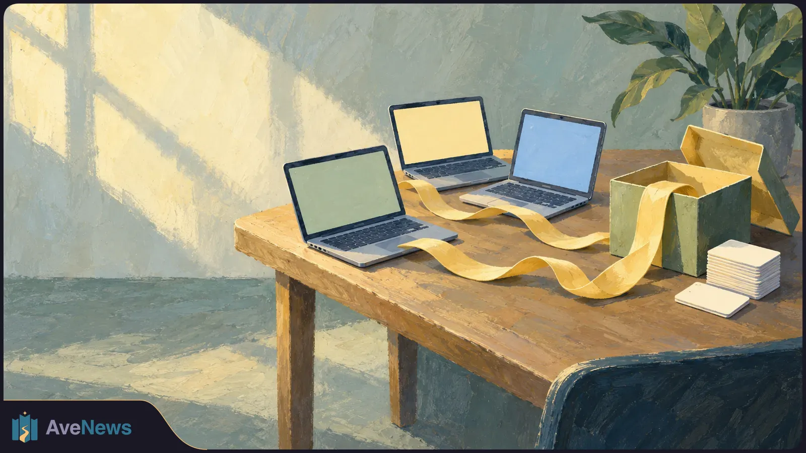 Painted illustration of three open laptops with blank screens on a wooden table. Yellow ribbons trail from an open gift box; a potted plant stands behind it. SI illustration