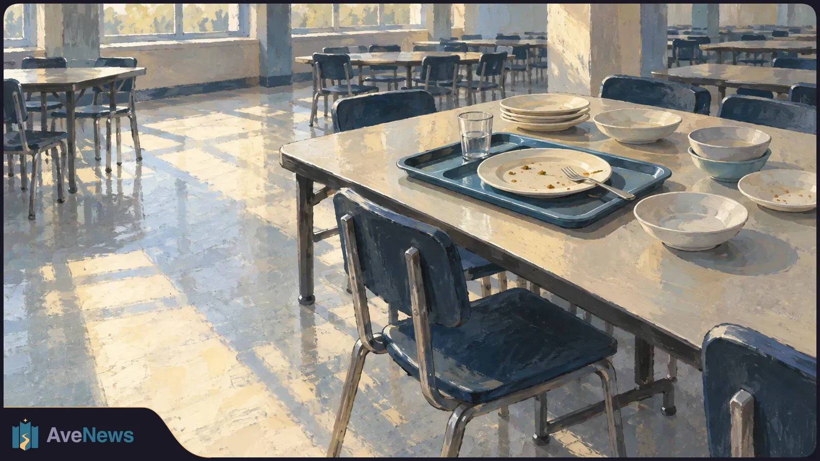 Painted empty cafeteria with rows of tables and chairs. A sunlit foreground table holds a tray, a glass, and mostly empty plates and bowls. SI illustration