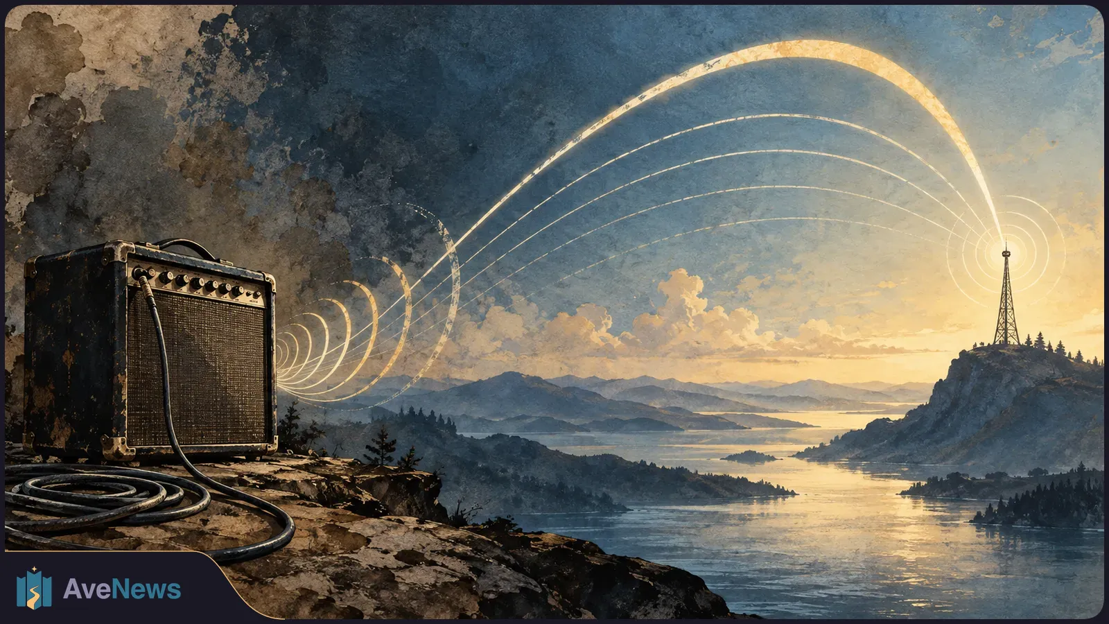 An amplifier on a rocky ledge sends glowing arcs toward a radio tower across a lake and mountains at sunset. SI illustration