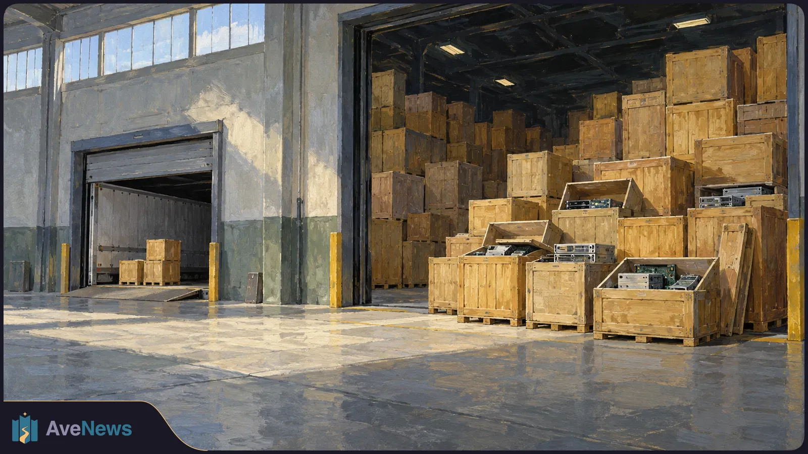 Painted warehouse loading bay with stacked wooden crates. Several open crates contain computer hardware, and a truck trailer stands at left. SI illustration
